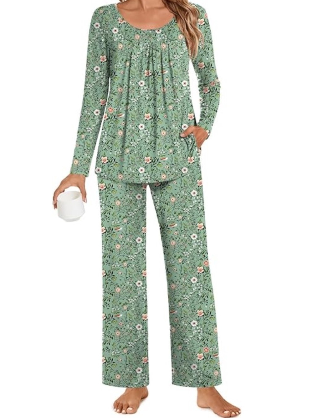 Popyoung Green Floral Pajama Set 2 Piece Long Sleeve Lounge Set 3X